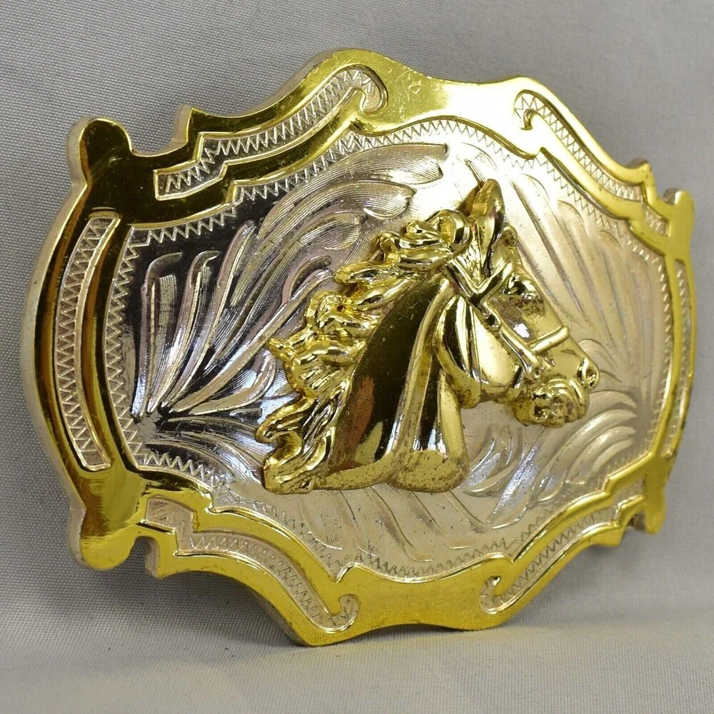 Belt Buckle‎ Horse Head Western Old West Silver and Gold Color Shiny